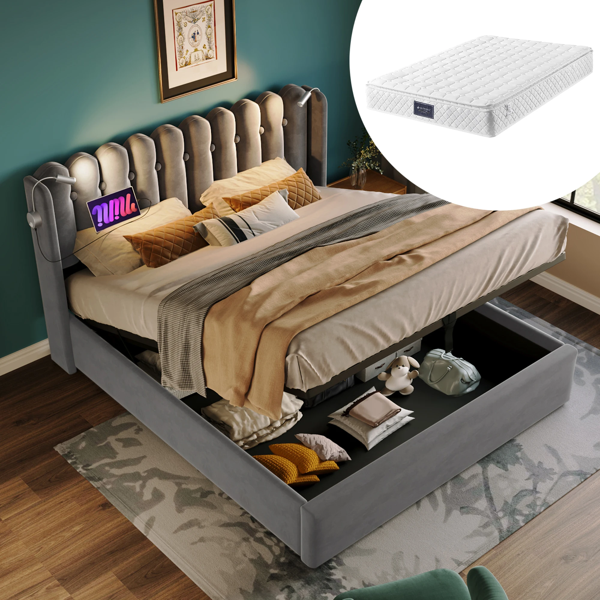 Lit coffre 160x200 cm - lit double avec lampe LED et double port USB - velours - sans matelas - gris