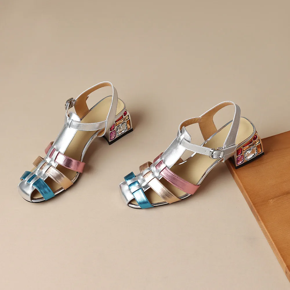 Aucegi Square Toe Genuine Leather Mixed Color Sandals Ladies Casual 2024 Summer Hollow Beach Elegant Korean Party Design Shoes