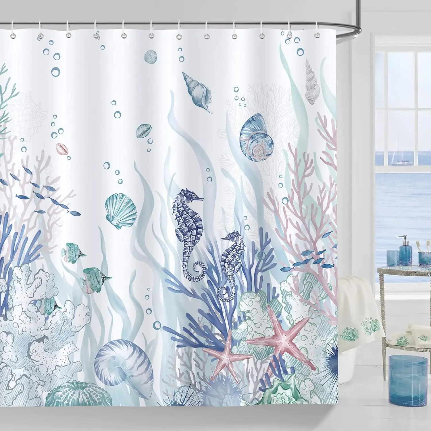 1 Ocean Themed Coastal Shower Curtain with Coral, Seahorse, Shell and Starfish Pattern -Light Blue Polyester Bathroom with Hooks