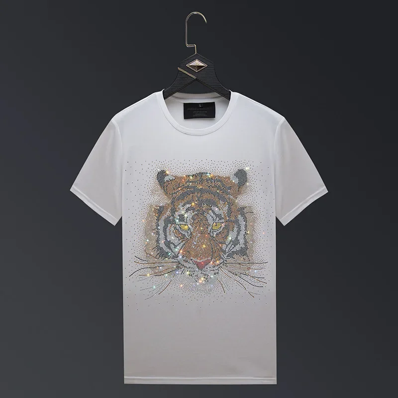 Plus Size Fashion Rhinestones Animal T Shirt for Men Summer Clothes O Neck Short Sleeve Slim Casual T-shirts Camiseta Masculina
