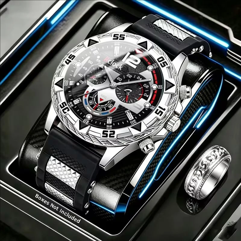 Popular Fashion Casual Sports Round Men's Quartz Watch and Ring, Silicone Strap, precise and Durable Is an Ideal Gift Choice