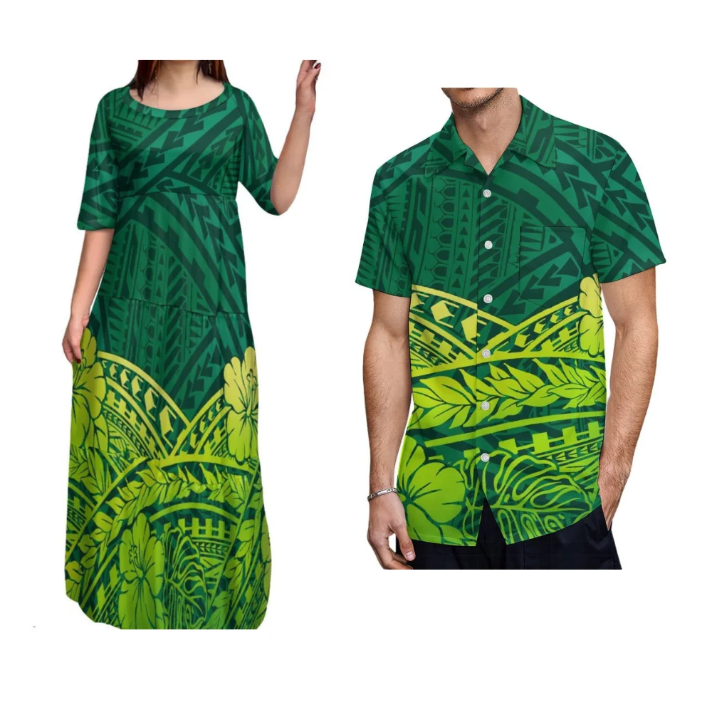 وشملت الضرائب ساموا القبلية الأزهار طباعة مخصص الرجعية الفن نمط فستان قميص البولينيزية زوجين الملابس تصميم جديد