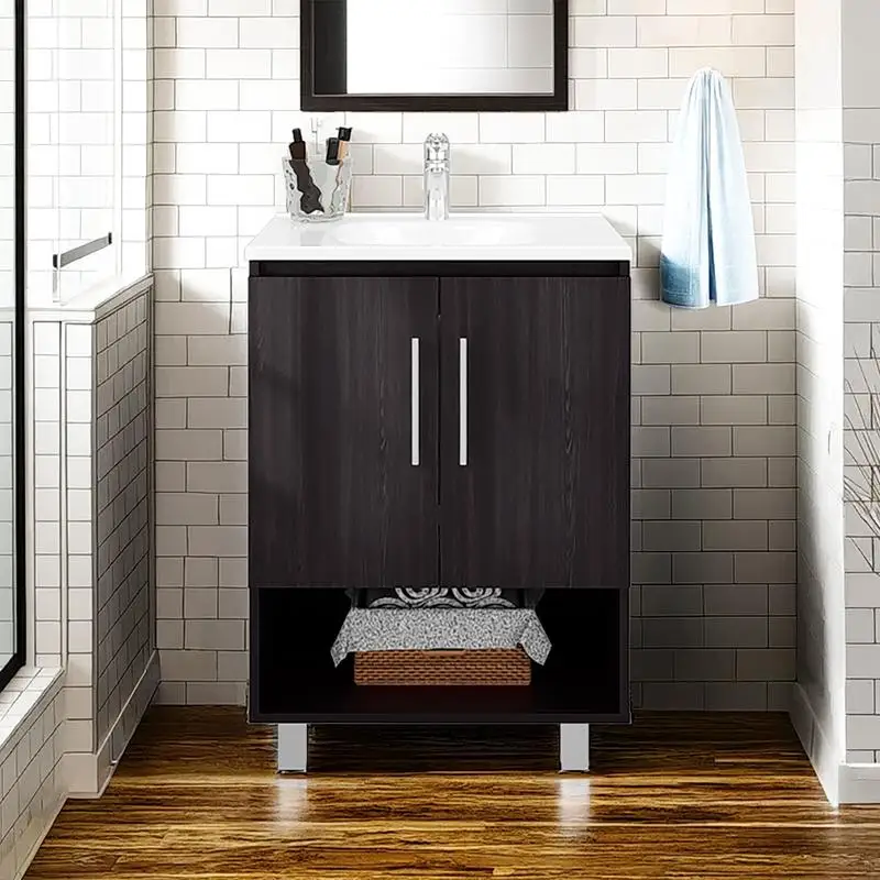 

Free Standing Resin Sink Vanity with One Door Cabinet and Open Shelf, Black