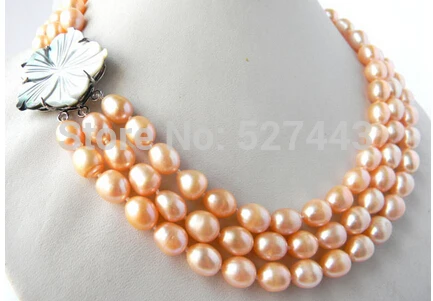 

Prett Lovely Women's Wedding Wholesale hot sale 3Strands 17-19inch 9MM Pink Rice Freshwater Pearl Necklace