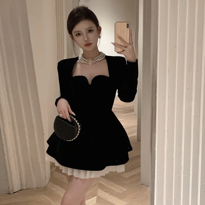 Korejepo French Retro Hepburn Dress Temperament Elegant Slimming A Line Banquet Dresses Velvet Beautiful Romantic Vestido