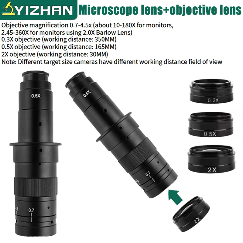Objectif de microscope YIZHAN 180X, objectif auxiliaire 0.3X 0.5X 0.75X 2X, objectif de zoom pour microscope numérique, interface filetée