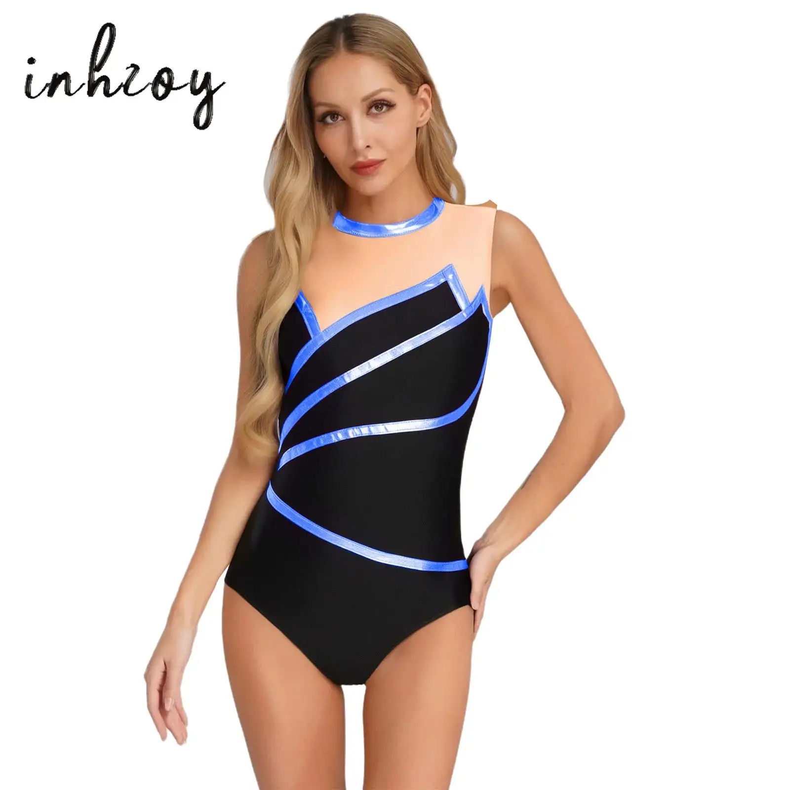

Women Metallic Striped Gymnastics Leotard Sheer Mesh Patchwork Keyhole Back Sleeveless Bodysuit Ballet Dance Competition Costume