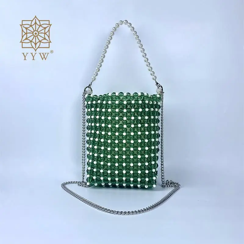 Acrylic Crystal Beads Clutch Handbag Chic Round Tote Bag for Women Cocktails Banquet Wedding Party with Pearl Chain Top Handle