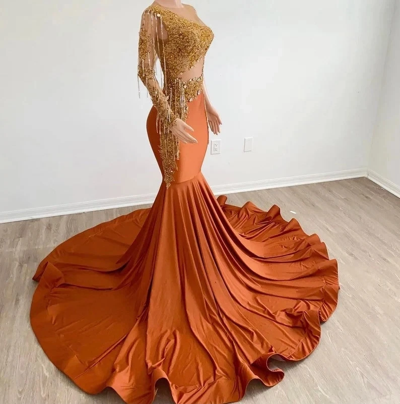 African American Prom Dresses Mermaid Long Sleeves Appliques Beaded Black Girls Nigeria Robe De Soiree Evening Dress Gown