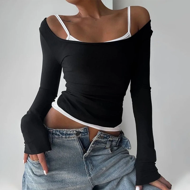 

TARUXY Sexy Patchwork Long-Sleeved T-Shirt Women Fashionable Slim Spicy Girl 2-Piece Set Top Parties Clubs Street Female T-Shirt