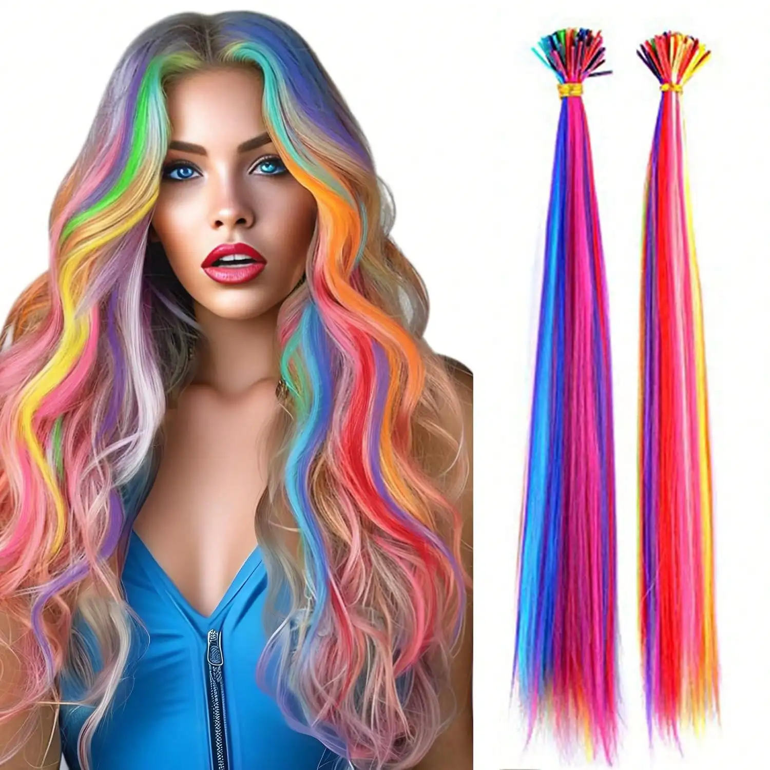

Kit I-Tip Fusion Rainbow Colored Fake Hair Extension Straight Synthetic Feather Micro Ring Hair Accessories With Hook Tool