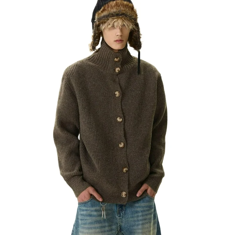 

Американский ретро кардиган на пуговицах с воротником-стойкой, мужской свитер, осень 2026, новый модный универсальный вязаный пуловер с откидной спинкой