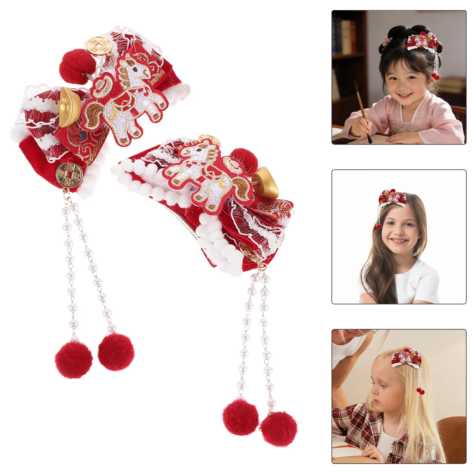 

Пара заколок для волос к Китайскому Новому году с уникальным дизайном в виде лошади, красным бантом и кисточкой, для Весеннего фестиваля