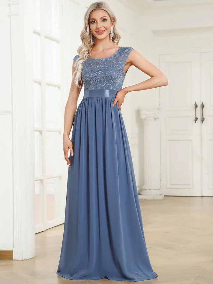 Woman'S Elegant Evening Dresses, Sleeveless Waist Retraction Cocktail Dresses, V Back Belted Lace Decals Bridesmaid Dress