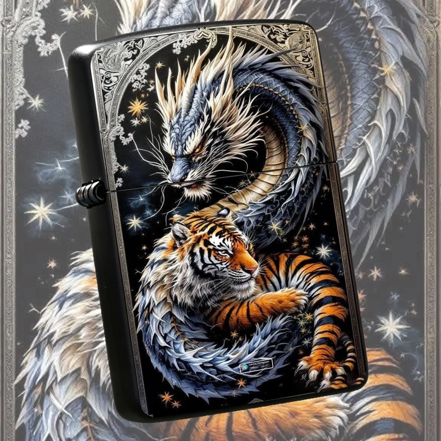 Vintage Aesthetic Dragon Tiger Pattern Lighter, Starry Sky Art Print Portable Igniter, Exquisite Engraved Frame Decor, Stylish Creative Practical Accessory For Daily Use Gifting Scenes A Humorous And Interesting Lighter