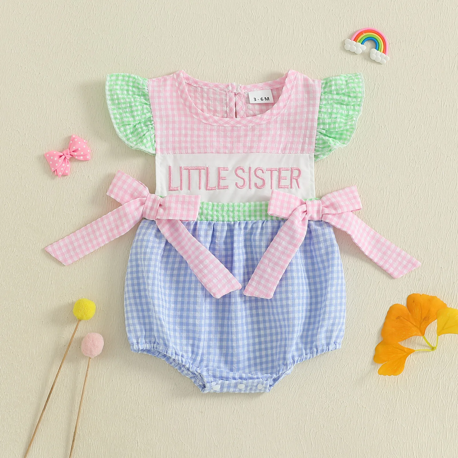 

Baby Girl Summer Romper Loose Fit Bows Letter Embroidery Plaid Crew Neck Flying Sleeve Infant Jumpsuit