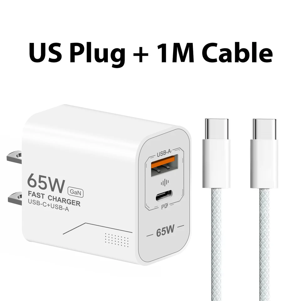 65W GaN-Ladegerät USB-A Typ-C 2-Port Superschnelles Ladegerät EU/US-Stecker Wandladegerät 10A Kabel für iPhone Huawei Xiaomi