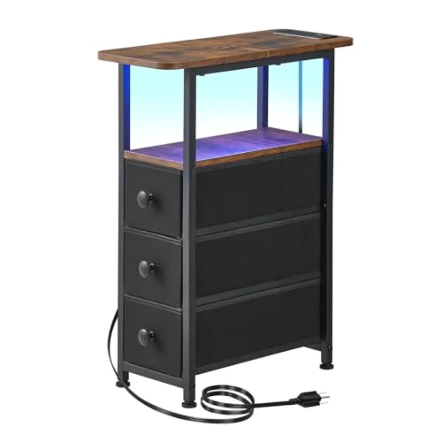 

Narrow End Table with Charging Station, Narrow Side Table with Drawer, Small Nightstand with LED Light, Skinny Nightstand, Smal
