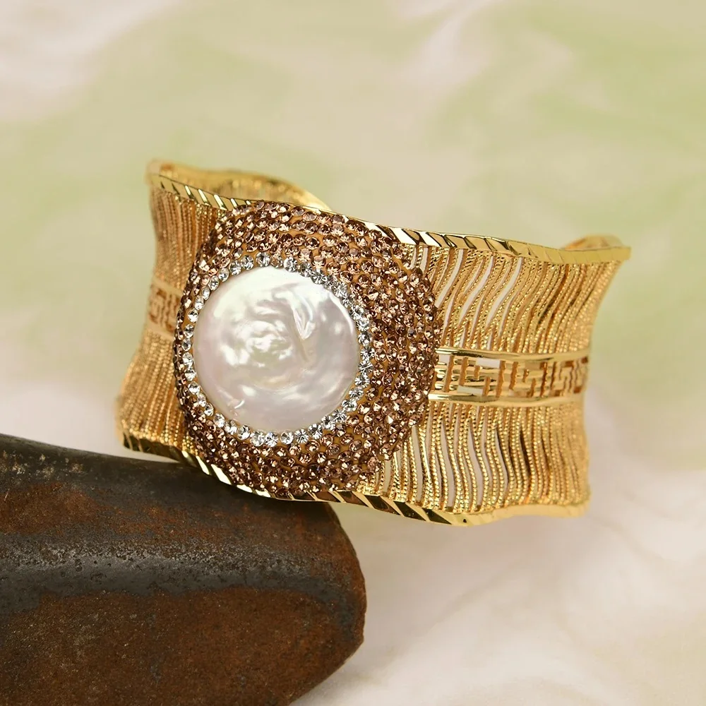 Big White Coin Pearl Gold Plated Bangle With Zircon Paved Wire Drawing Point Pearl Bracelet Lady Jewelry