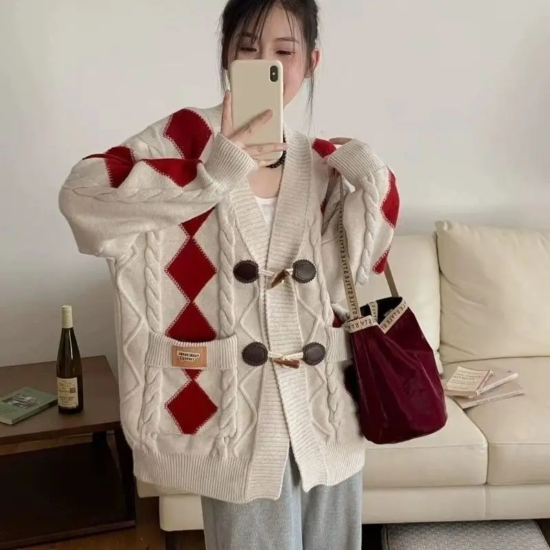 

Horn Button Knitted Sweater Cardigan 2024 Autumn Winter New College Retro Loose Lazy Style Casual Long Sleeve Jacket