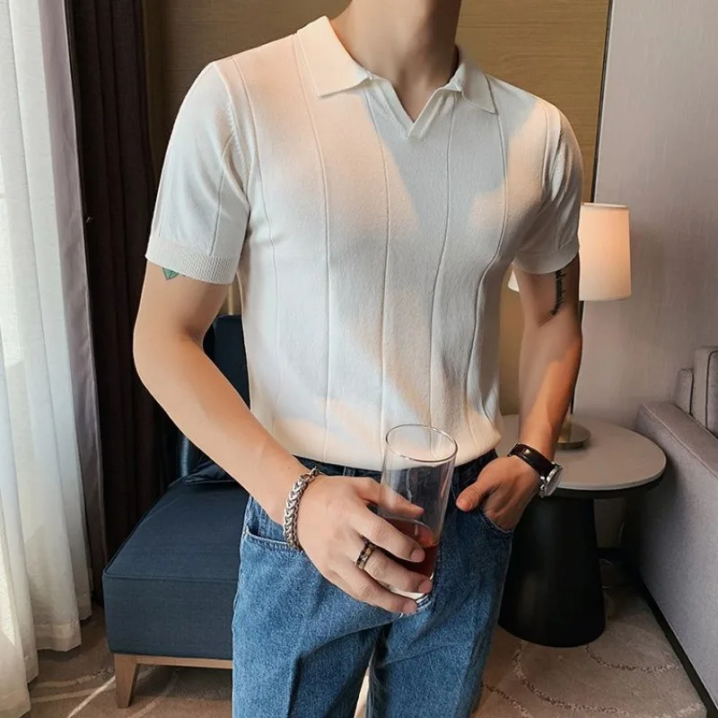 Luxury Brand British V-neck Polo Shirt Men Summer Short Sleeve Knitted T-shirt Business Casual Slim