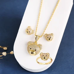 3pcs Exquisite Shiny White Red Zirconia Bear Jewelry Set Necklace Earrings Ring Cute Animal Jewelry Accessories For Women Girls