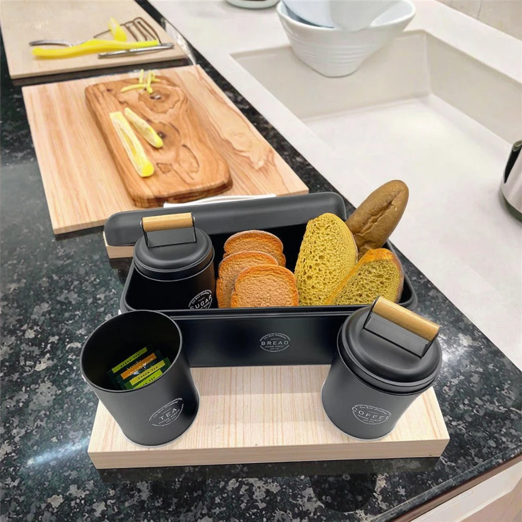 Bread Box with 3 Matching Coffee Tea Sugar Canisters for Storing Loaves, Pastries, Muffins, Dry Food Use in Kitchen Counter 5