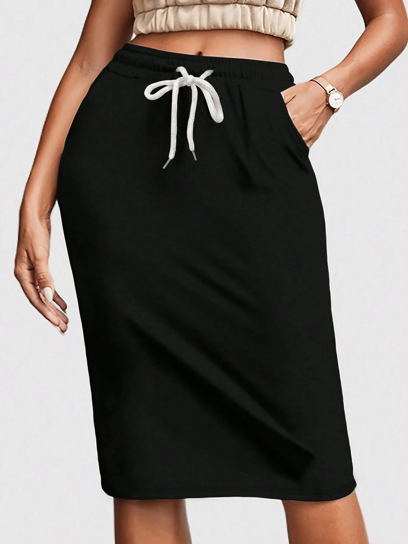 Women's Solid-Color Waist-Tie Pocket Midi Skirt for Spring/Summer
