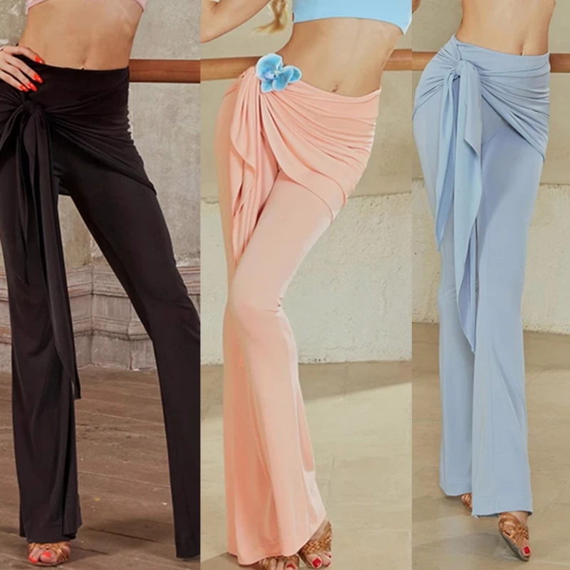 

Черные расклешенные брюки для латинских танцев, женские брюки для бальных танцев с высокой талией, брюки для современных танцев для взрослых, тренировочная одежда SL10790