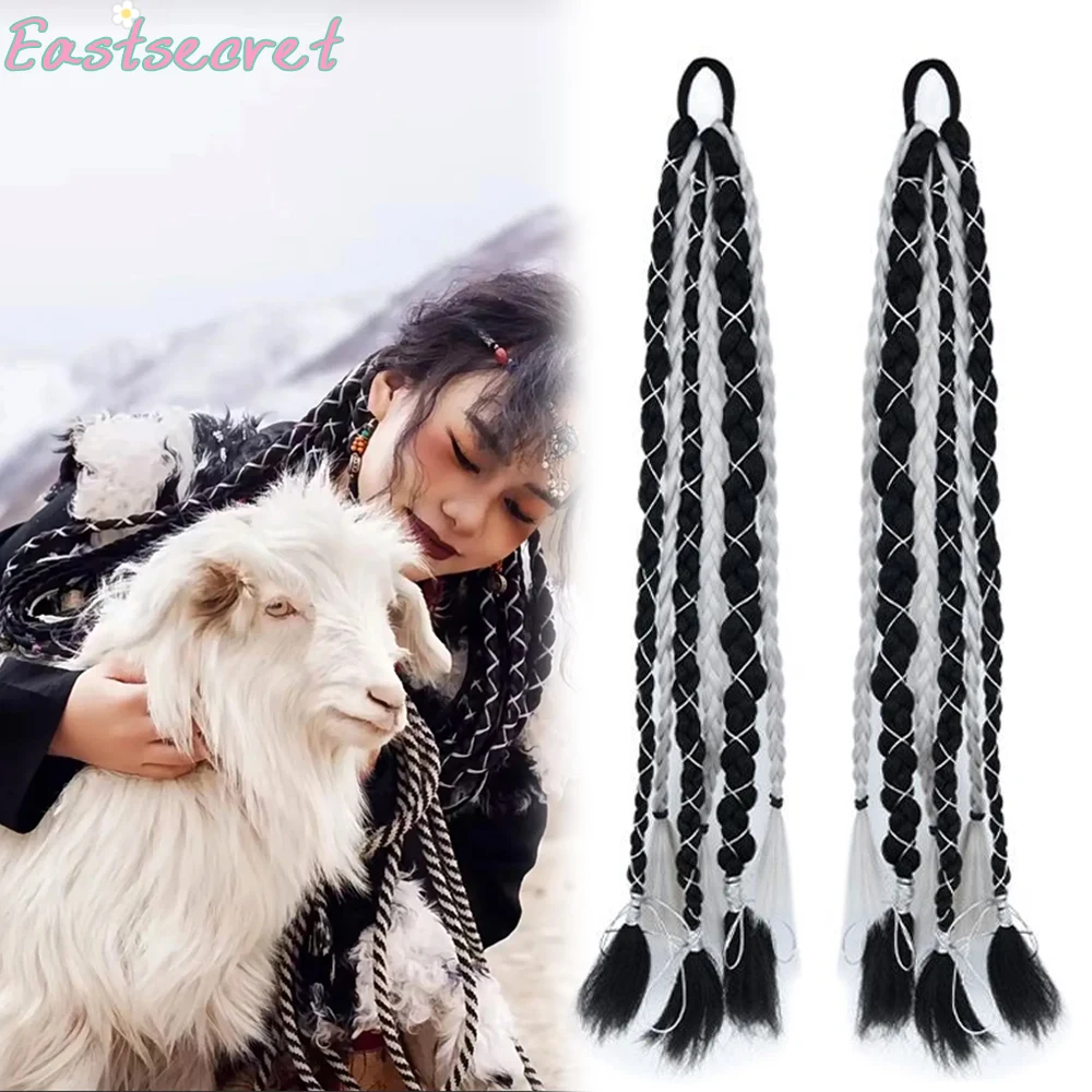 

EASTSECRET Синтетический парик-хвост с косой, серебристо-черная коса с серебряной нитью, двойной хвост, этнический аксессуар для волос