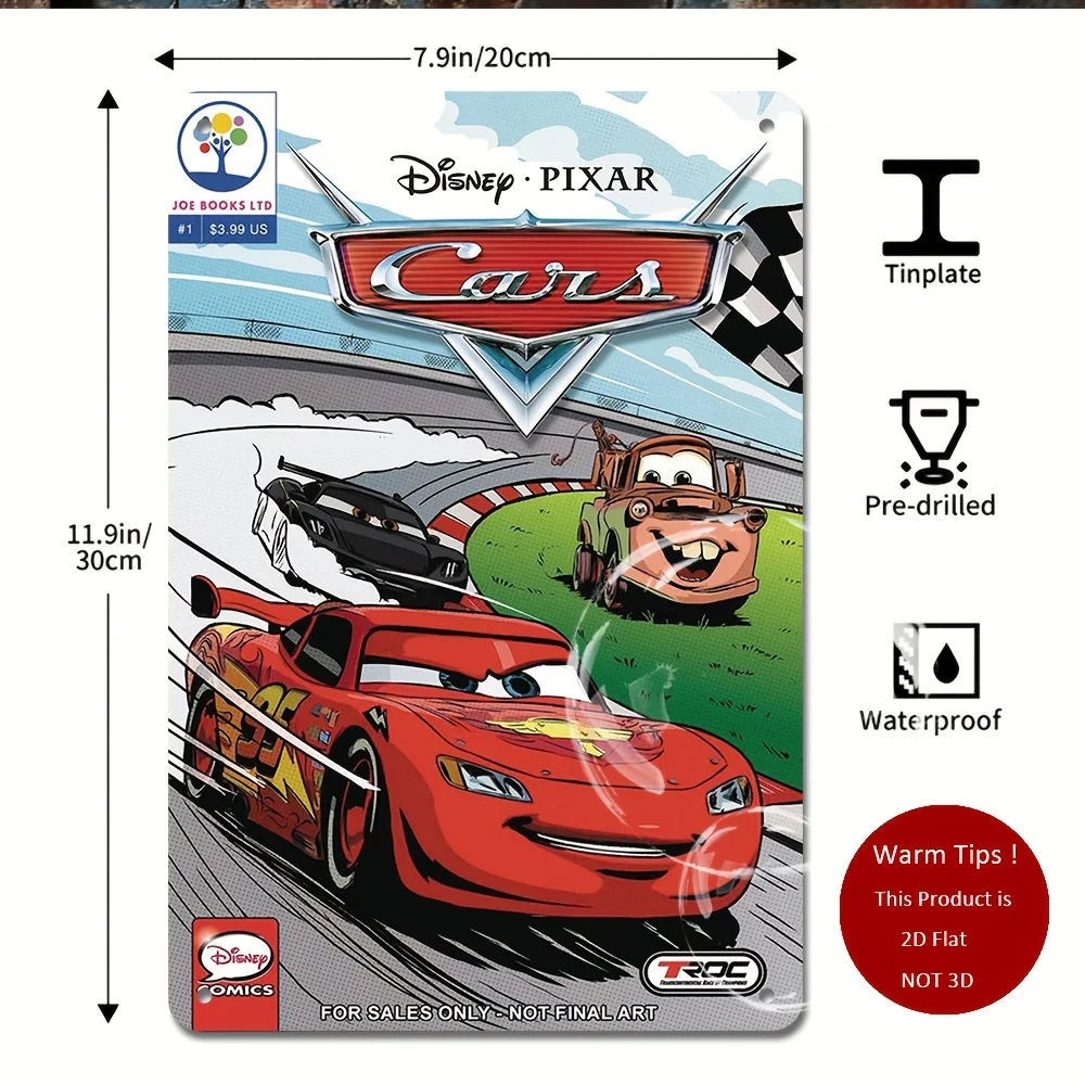 لافتة قصدير مسطحة ثنائية الأبعاد من Disney Cars - لوحة فنية جدارية على شكل Lightning McQueen & Racing، 20.32 × 30.48 سم ديكور معدني للمنزل أو المكتب أو Playro