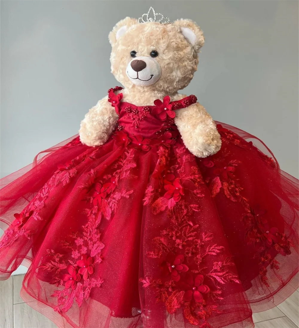 Vestido de urso de pelúcia vermelho com apliques de renda personalizado querida flores apliques cristais contas fora do ombro