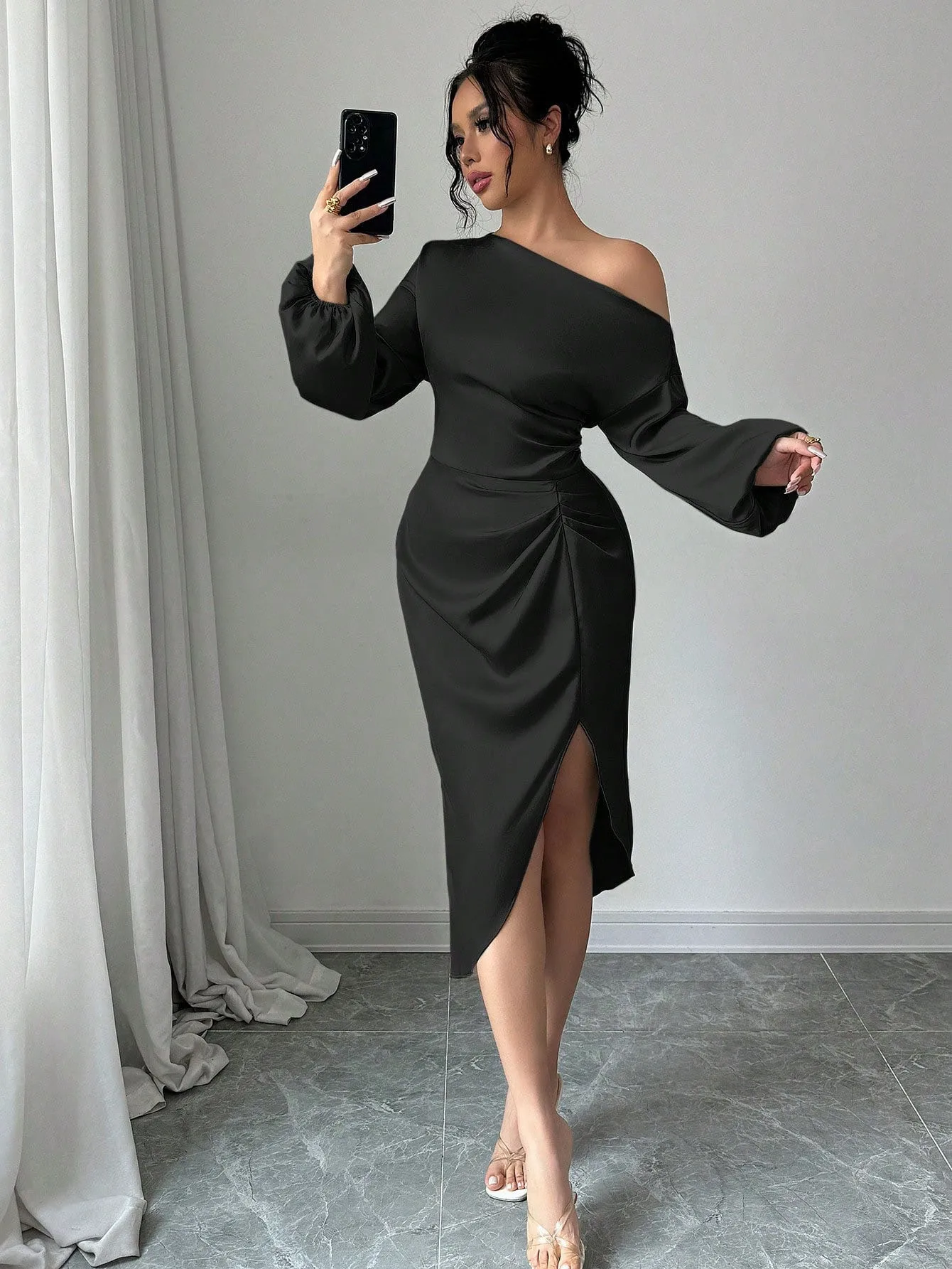 

Prom Dress Wedding Guest Party Off Shoulder Puff Sleeve Dresses Solid Black Wrap Detail Evening Dress Side Slit Maxi Dress