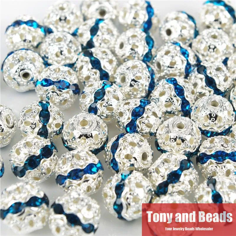 ( 20Pcs=1Lot ! ) 10MM Copper Material Silver Plated Crystal Rhinestones Spacer Loose Charm Beads For DIY Jewelry Making No.RB14