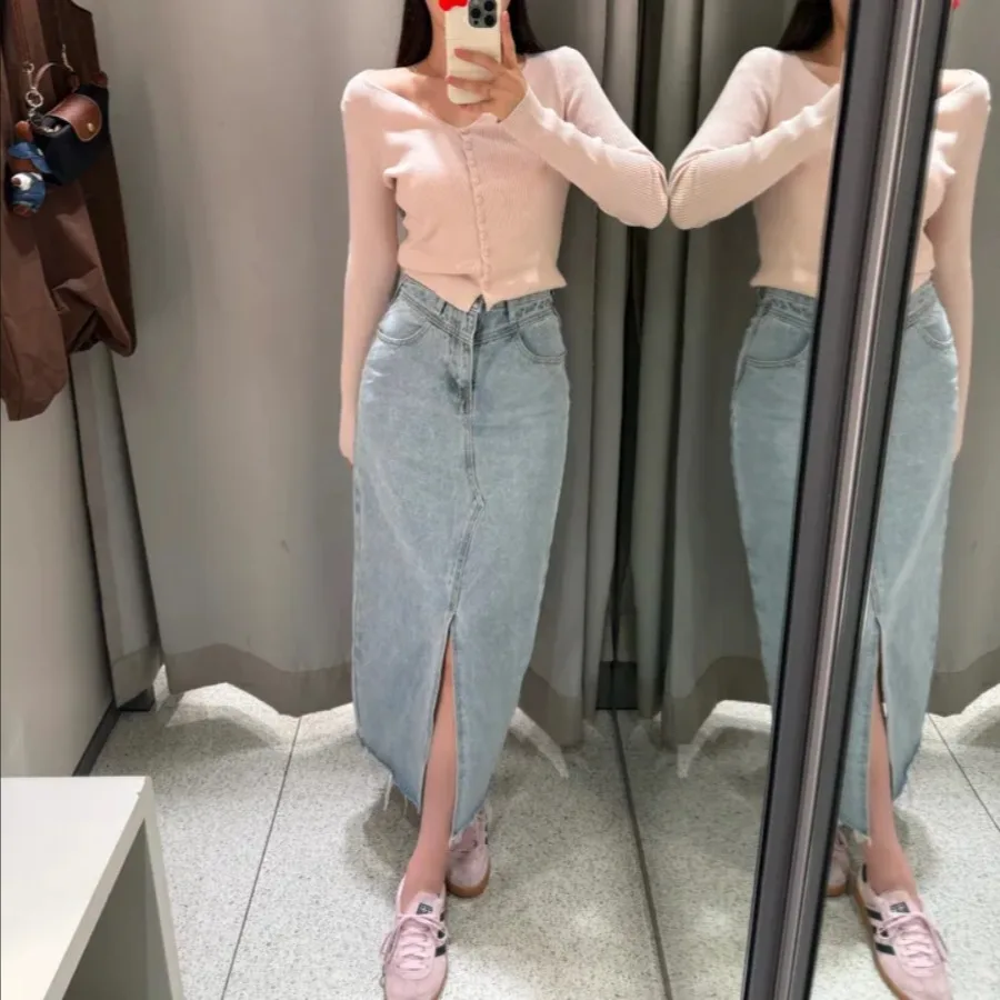 High Waist A-Line Midi Skirt Korean Chic Vintage Denim Split Design Versatile Women's Half-length Skirt Casual Summer Dress