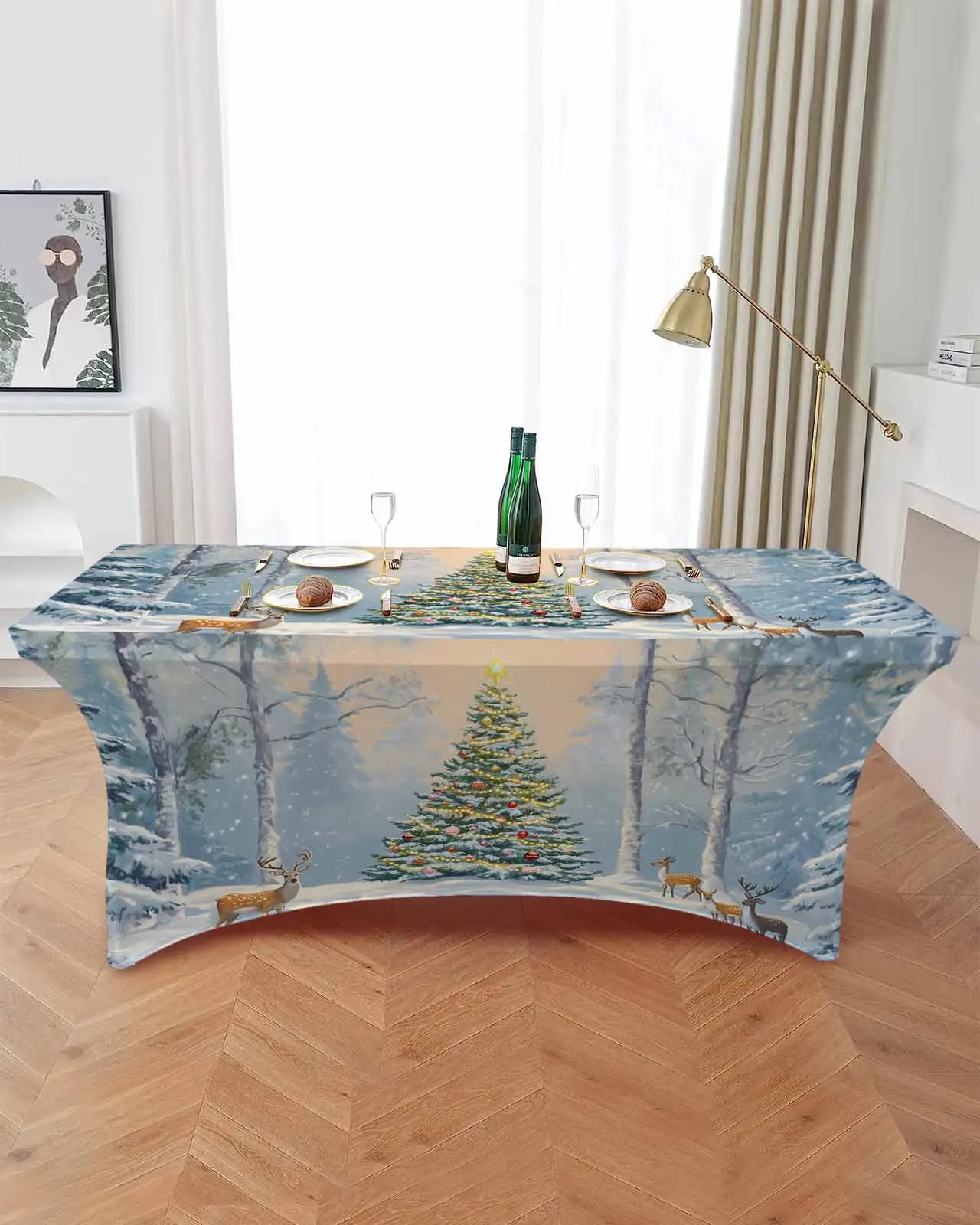 Winter Christmas Tree Reindeer  Elastic Table Skirt Wedding Birthday Table Decoration Table Skirt Tablecloth for Party