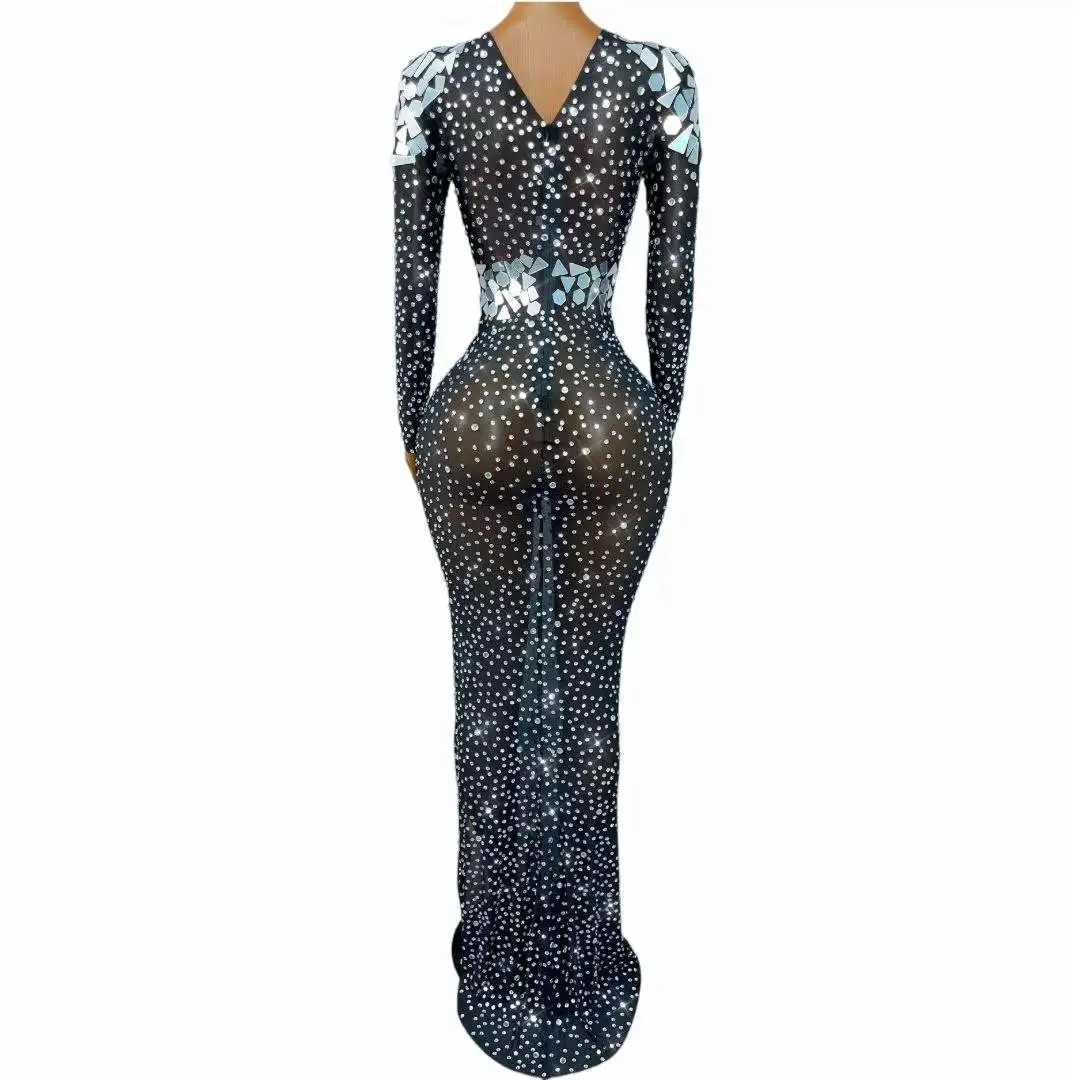 Sexy Transparent Black Mesh Shining Mirrors Rhinestones Trim fit Dress Women Party Evening Gown Red carpet Show Stage Wear view 2