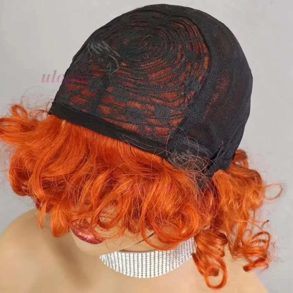 99J Burgunder Fumi Lockige Bob-Perücke, Federnde Pixie-Cut-Perücke mit Highlights, Vollmaschinell Gefertigte Eierlocken, Lockige Echthaar-Perücken für Frauen mit Pony – Detail 9