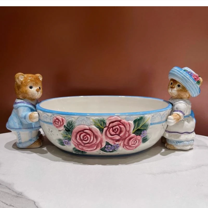 European painted bear ceramic fruit plate Household living room dim sum candy bowl home decoration