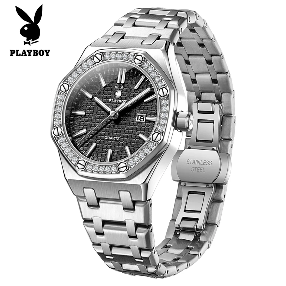 PLAYBOY 3526 Brand Original Authentic Multifunctional Chronograph Calendar Quartz Women's Watch Stainless Steel Strap