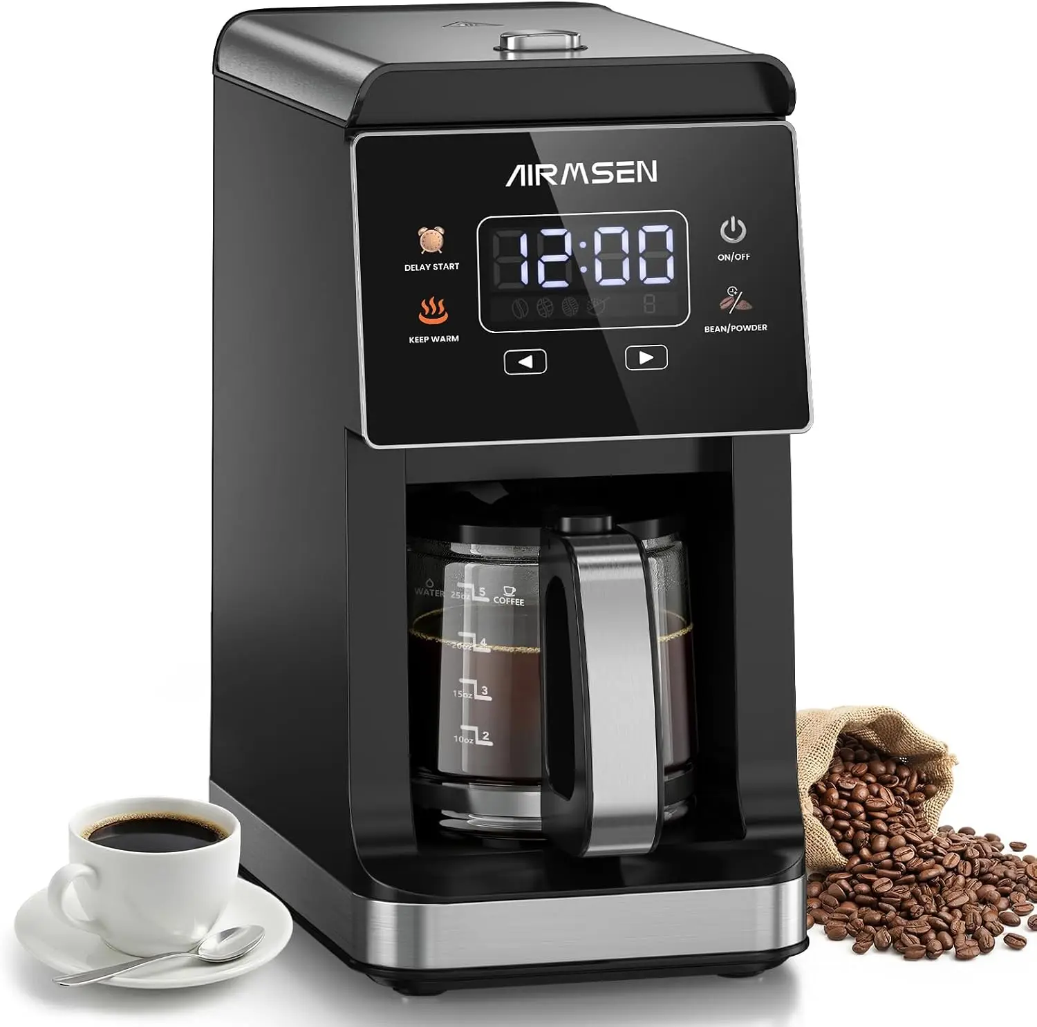 Grind & Brew Coffee Maker with Built-In Grinder 5-Cup | Drip Coffee Machine with 24H Programmable Timer, 3 Grind Settings