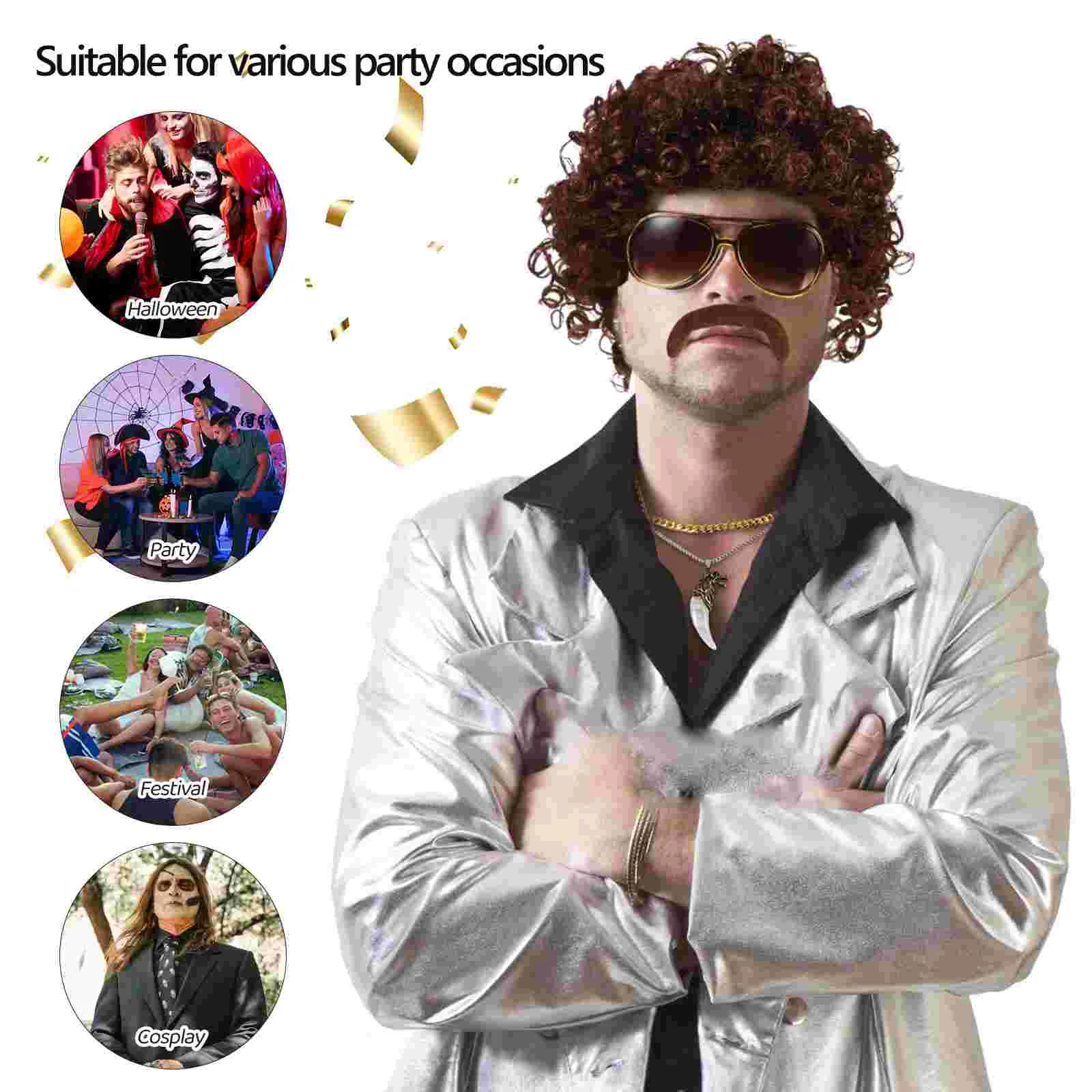 Disco Party Gold Chain Beard Sunglasses Suit Cosplay Prop 70s Wigs for Men Costume Fake Accessories Hardware Man