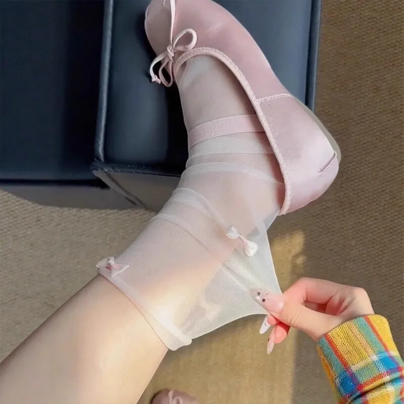 1/2Pairs Lolita Bowknot Mesh Socks Women Summer Ultra-thin Transperant Loose Calf Socks Long Ribbon INS Style Stockings