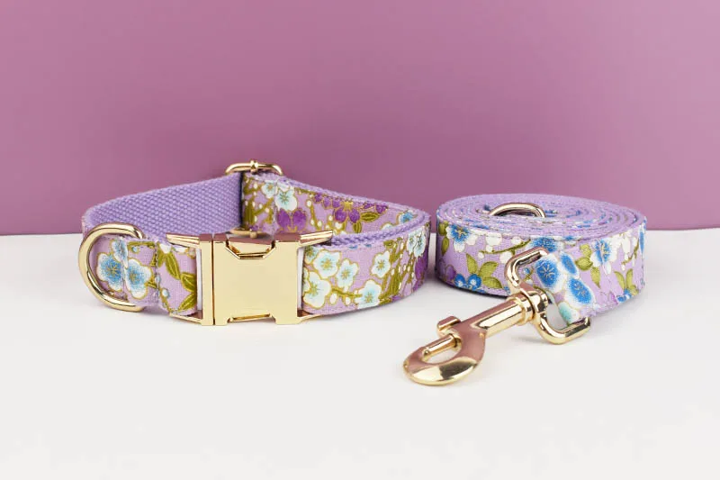 Adjustable Dog Harness Printed Purple Soft Cotton Personalized Dog Collar Leashes Harness Bow Set Dog Accessories Flowers 03