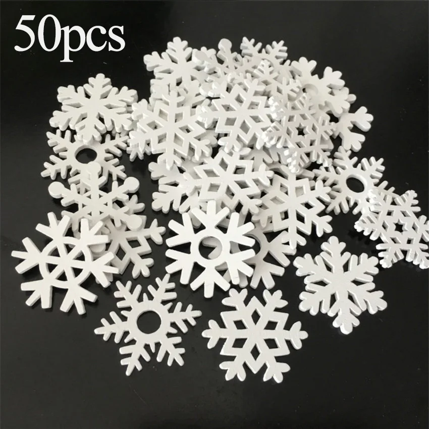 

50pcs Mix Shape White Wooden Snowflakes Christmas Ornaments Xmas Tree Wood Pendant New Year Christmas Decorations For Home