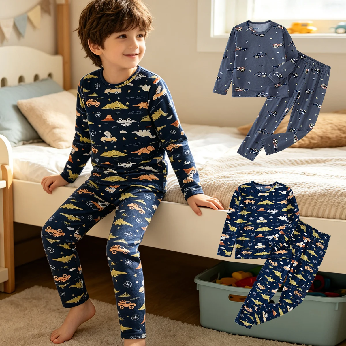 2-piece Autumn/Winter Children's Brushed Thick Long Sleeved Pants Warm Suit Cute Cartoon Home Set For Boys Comfortable Sleepwear