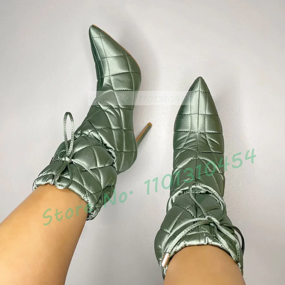 Mint Green Plaid Booties Women Stylish Pointy Toe High Heels Warm Cotton Shoes Ladies Streetwear Lace-up Party Work Snow Boots