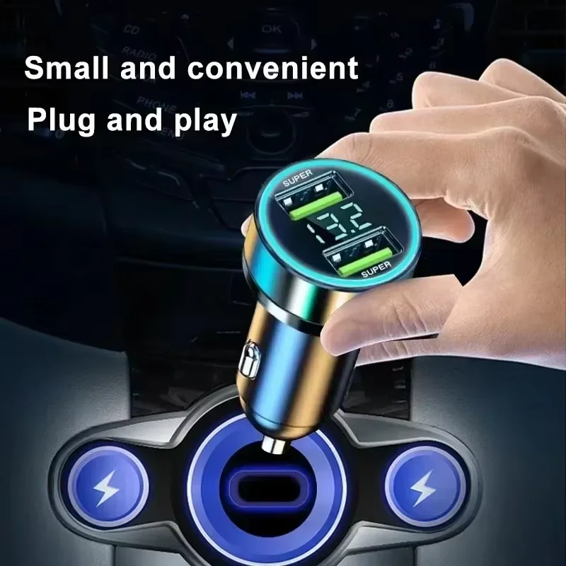 Carregador de carro de carregamento rápido, adaptador USB de 2 portas de 240 W com tela digital e luz ambiente, carregador de sistema de ignição e partida