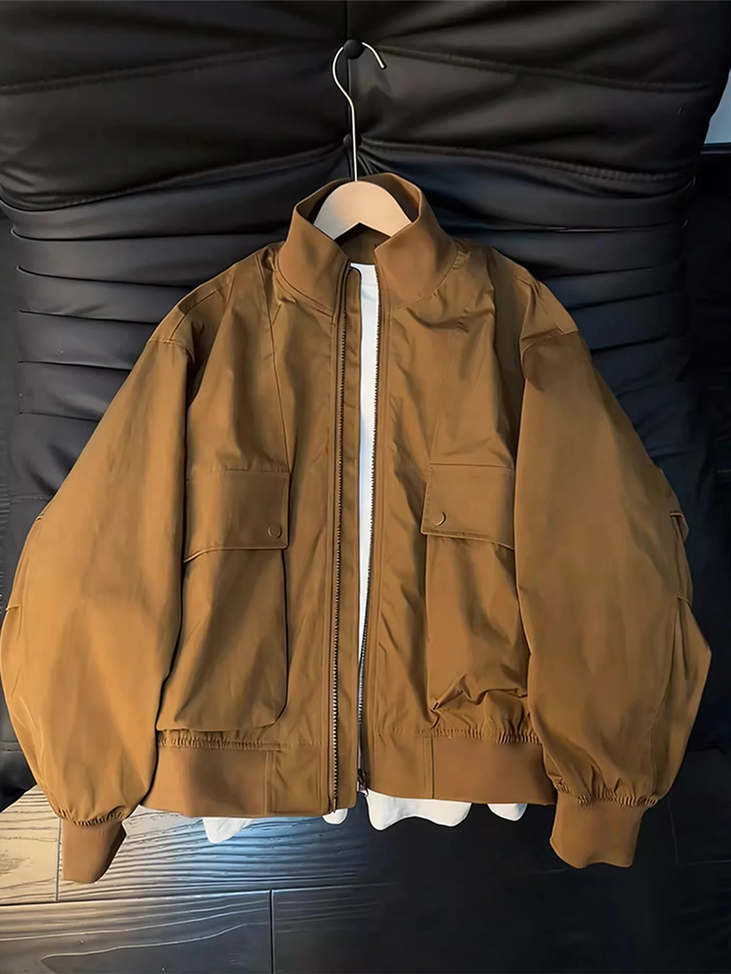 Brown Large Pocket Men's Workwear Jacket Spring American  Flight Coat Cleanfit Three-Proof down Jacket Loose Fit Long Sl...
