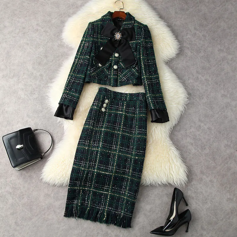 

Tesco Plaid Women Suit 2 Piece Bow Bead Blazer Split skirt Suit Set Tassel Blazer For Business Party jacket mujer